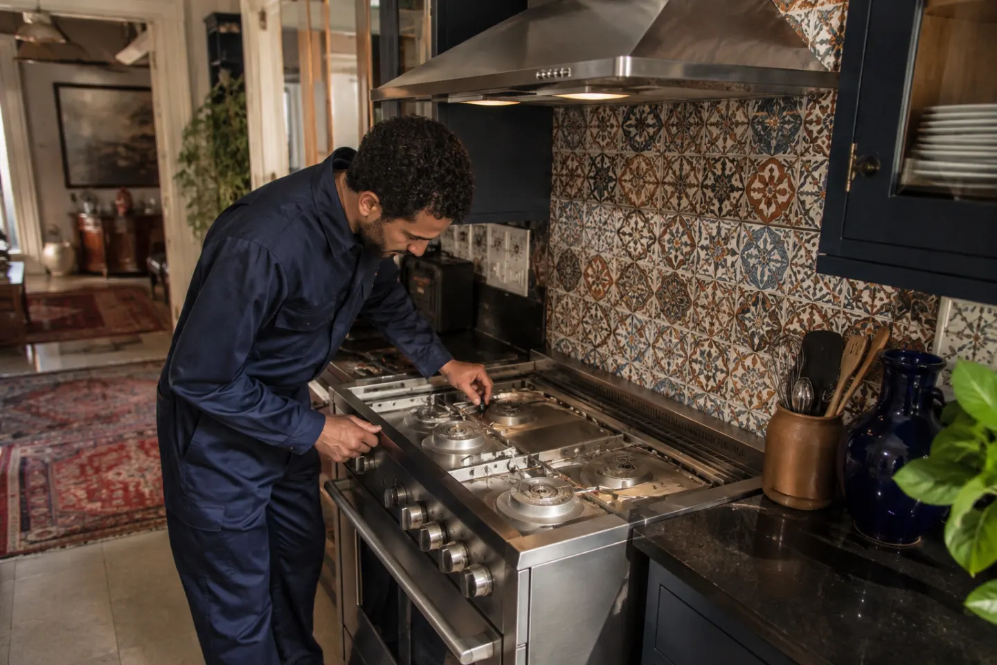 فني أجهزة منزلية ينفذ فحصًا مرتبطًا بخدمة صيانة بوتاجازات في القاهرة